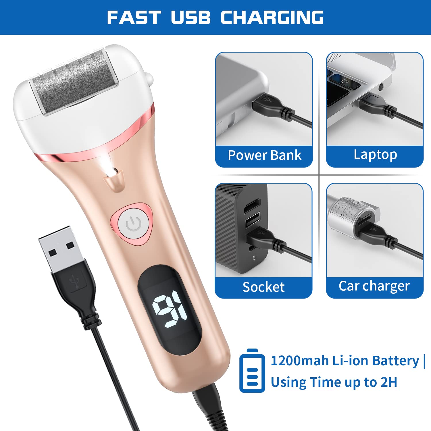 Geopu foot file LCD display shows battery level for easy charging planning.