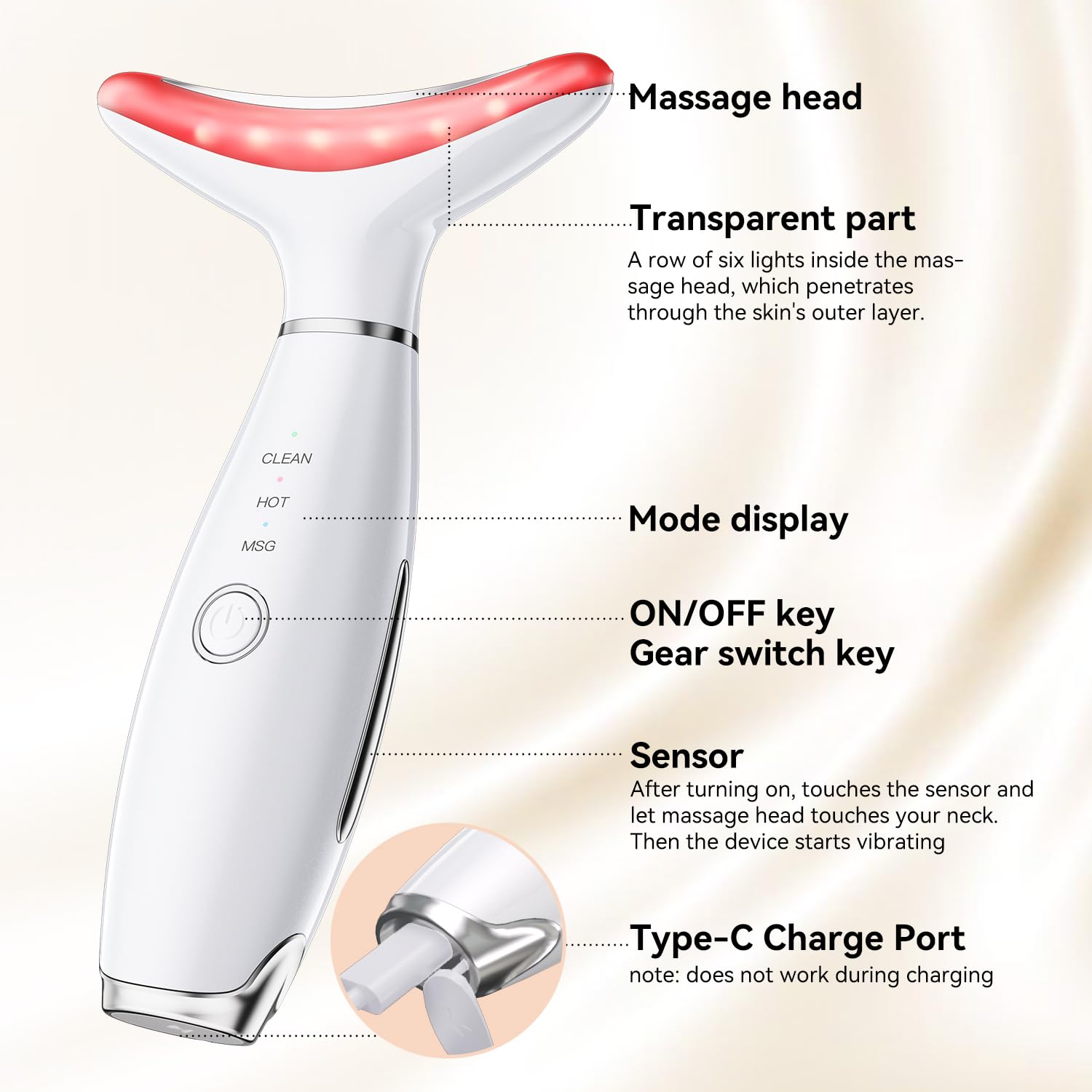 Gequip neck-face-massager curved head fits facial contours for comfort