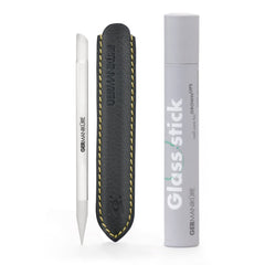GERMANIKURE clear glass cuticle stick with leather sleeve for precise cuticle work and protection.