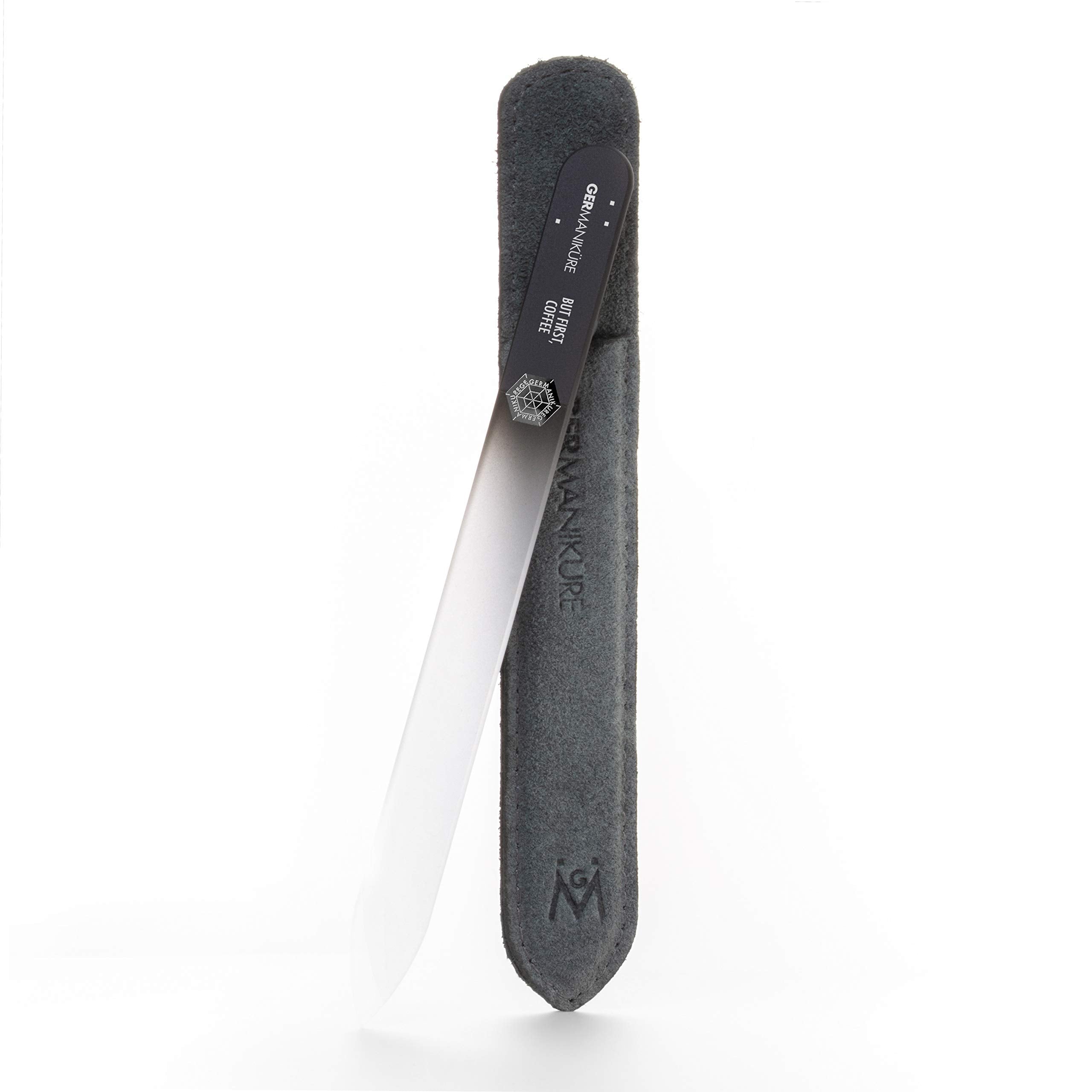 GERmanikure glass nail file with suede sleeve showing durable, lifetime-strong construction.