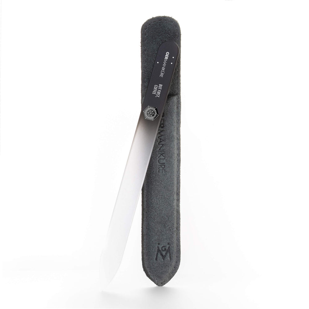 GERmanikure glass nail file with suede sleeve showing durable, lifetime-strong construction.