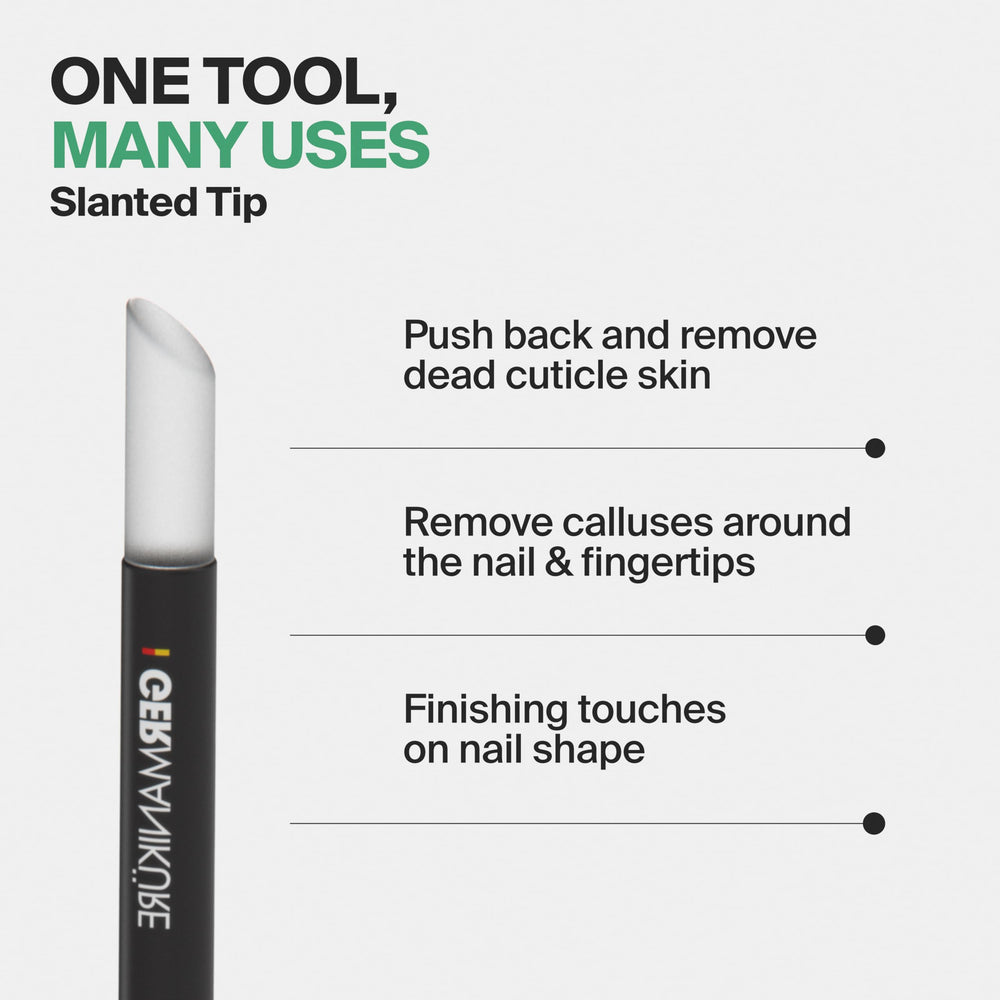GERMANIKURE durable leather sleeve protects the glass tool during storage.