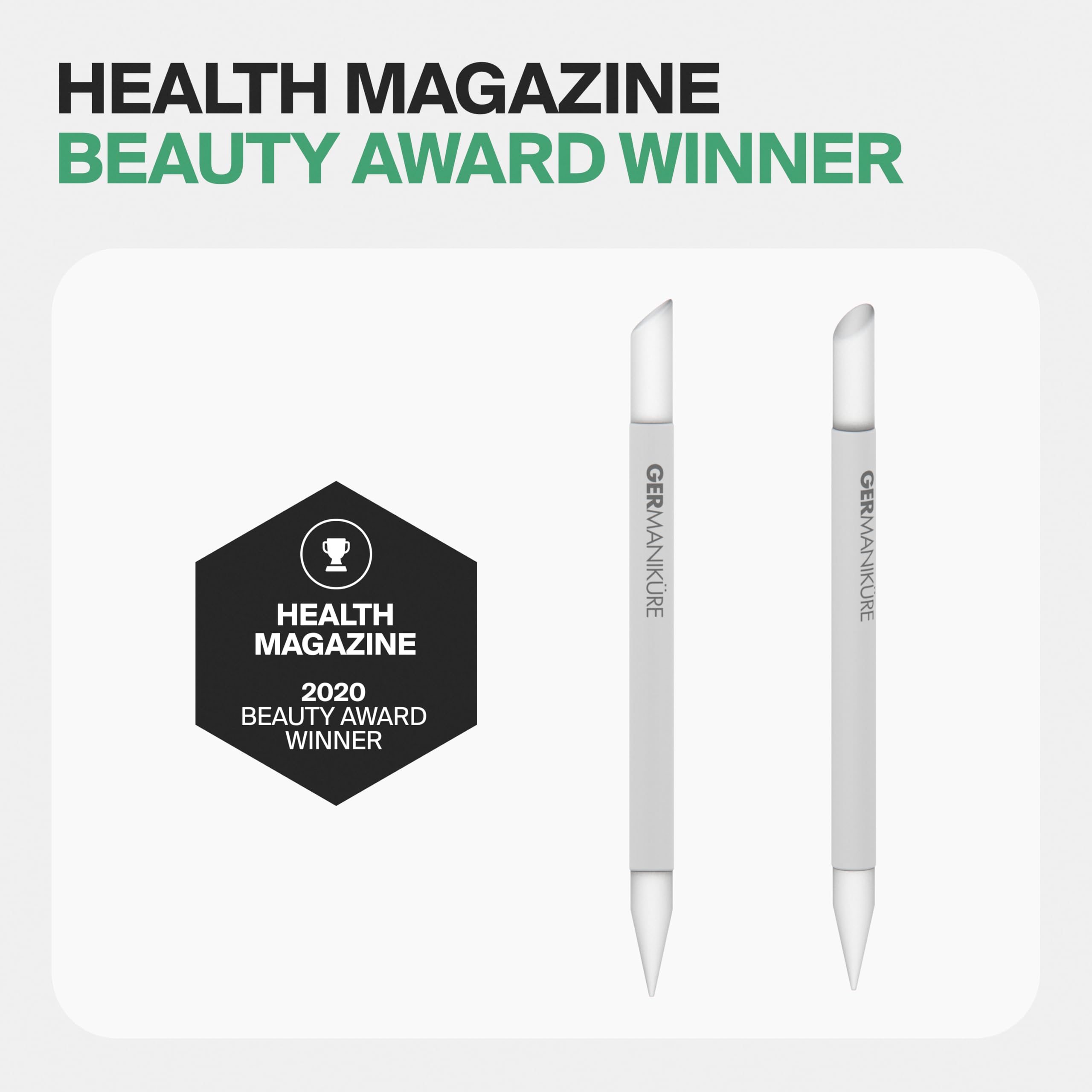 GERMANIKURE cuticle push-and-remove action promotes clean nail edges without cutting.