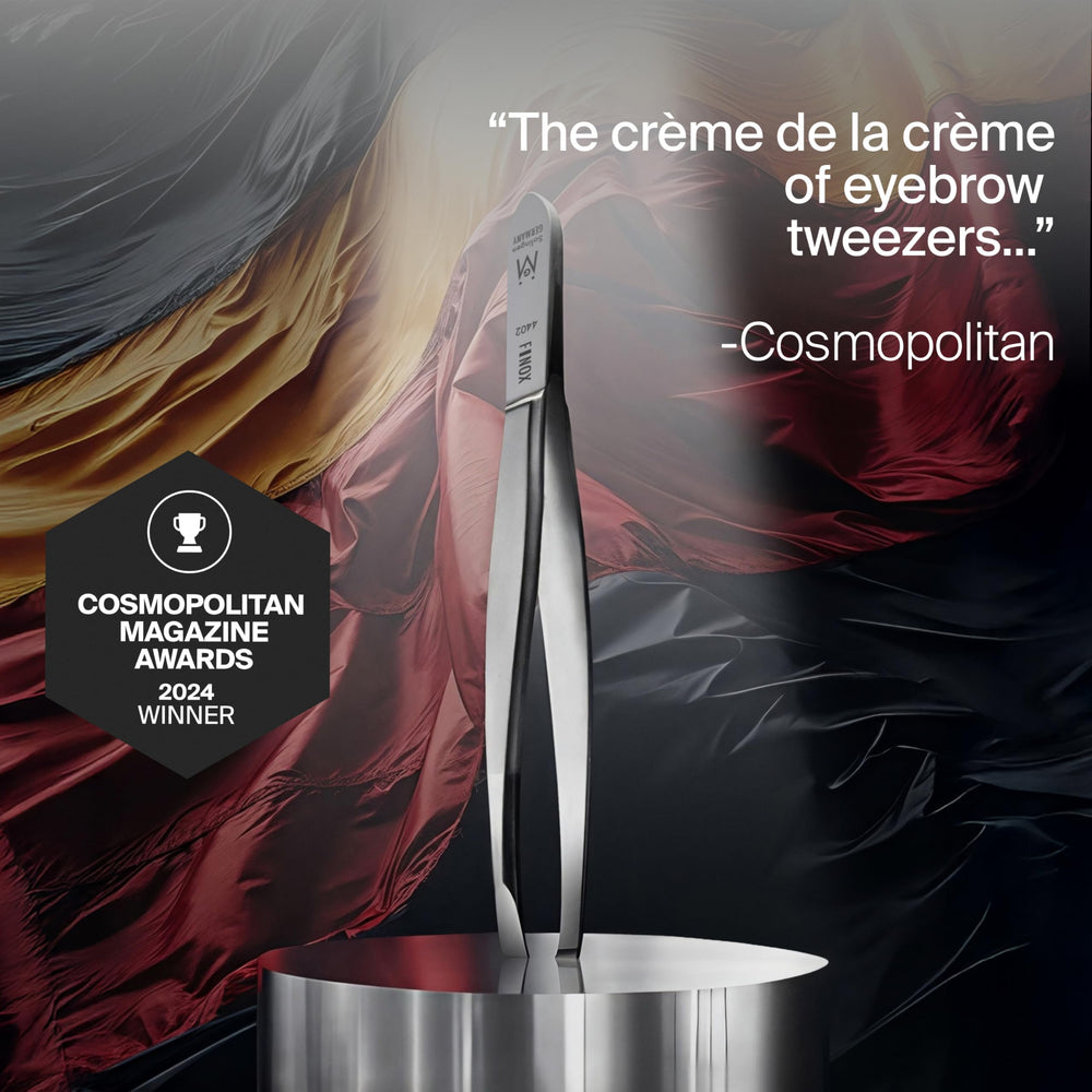 GERMANIKURE tweezers used on brows for precise eyebrow shaping and tweezing.