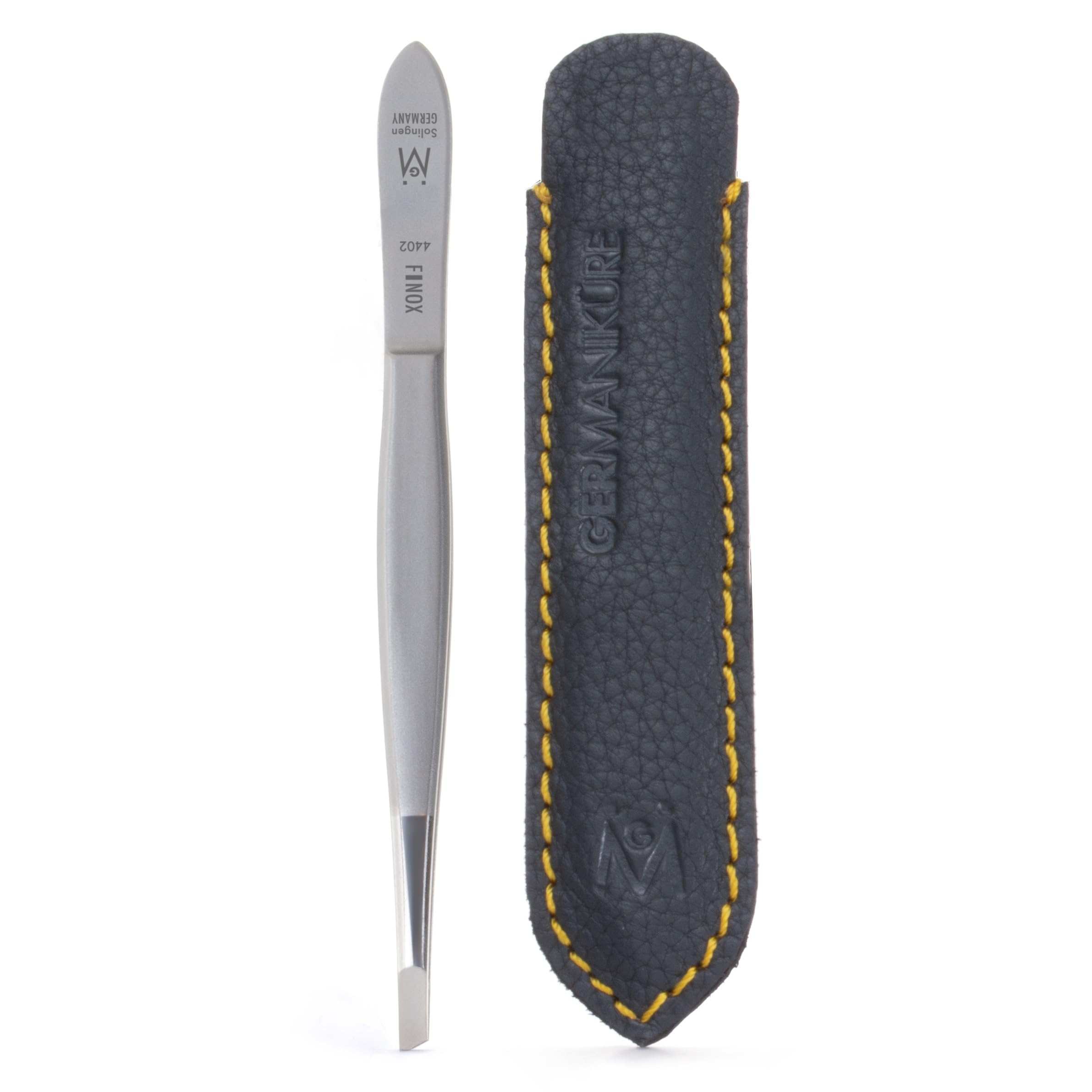 GERMANIKURE slanted tweezers in leather case for precise grooming on the go.