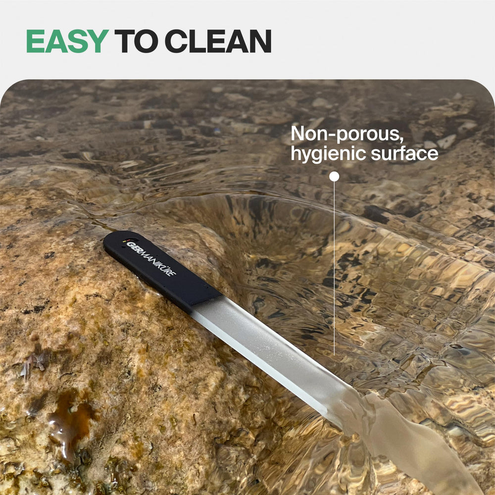 GERmanikure tempered glass nail file demonstrates durability and breakage resistance.