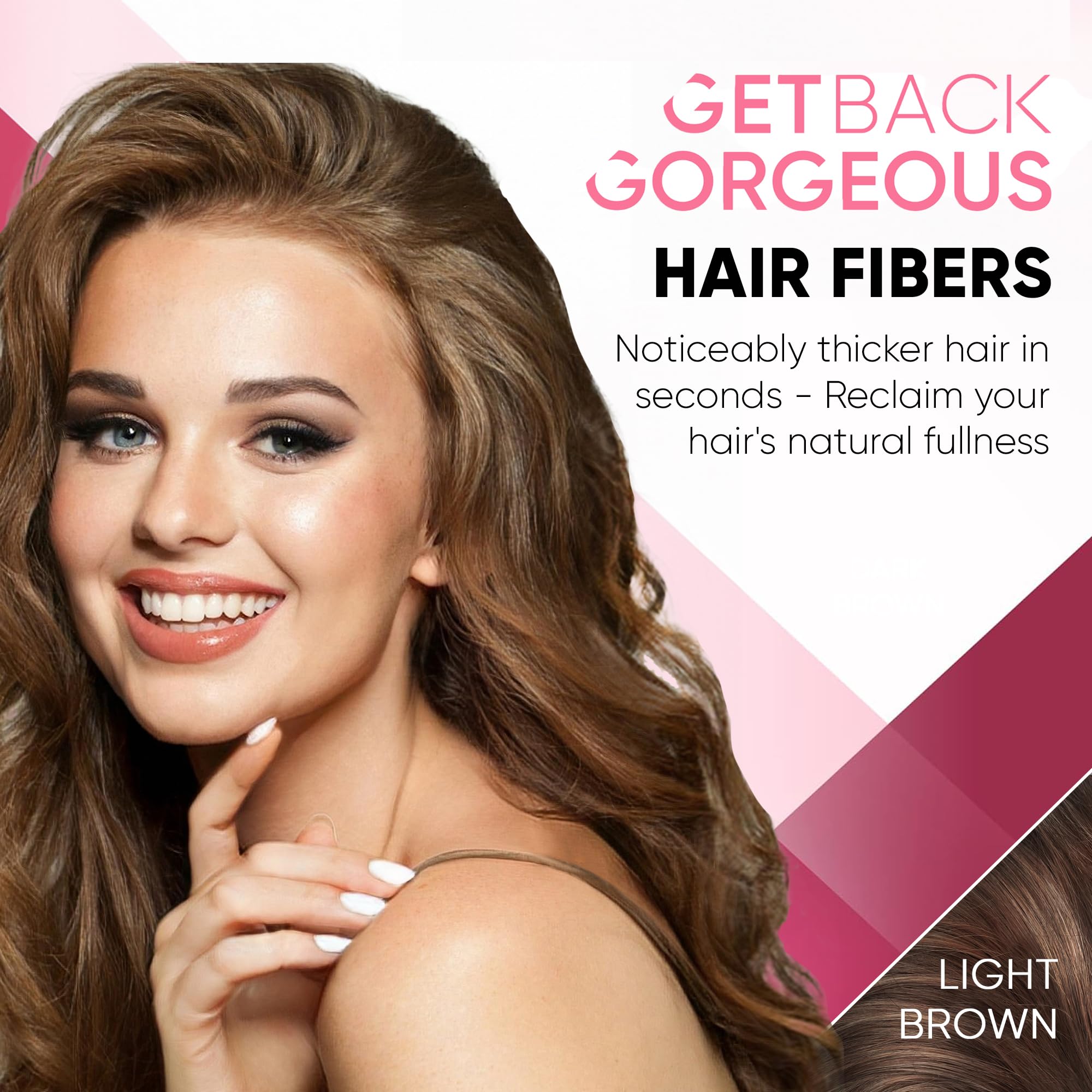 Get Back Gorgeous GBG Hair Fibers dispensing close-up showing easy application.