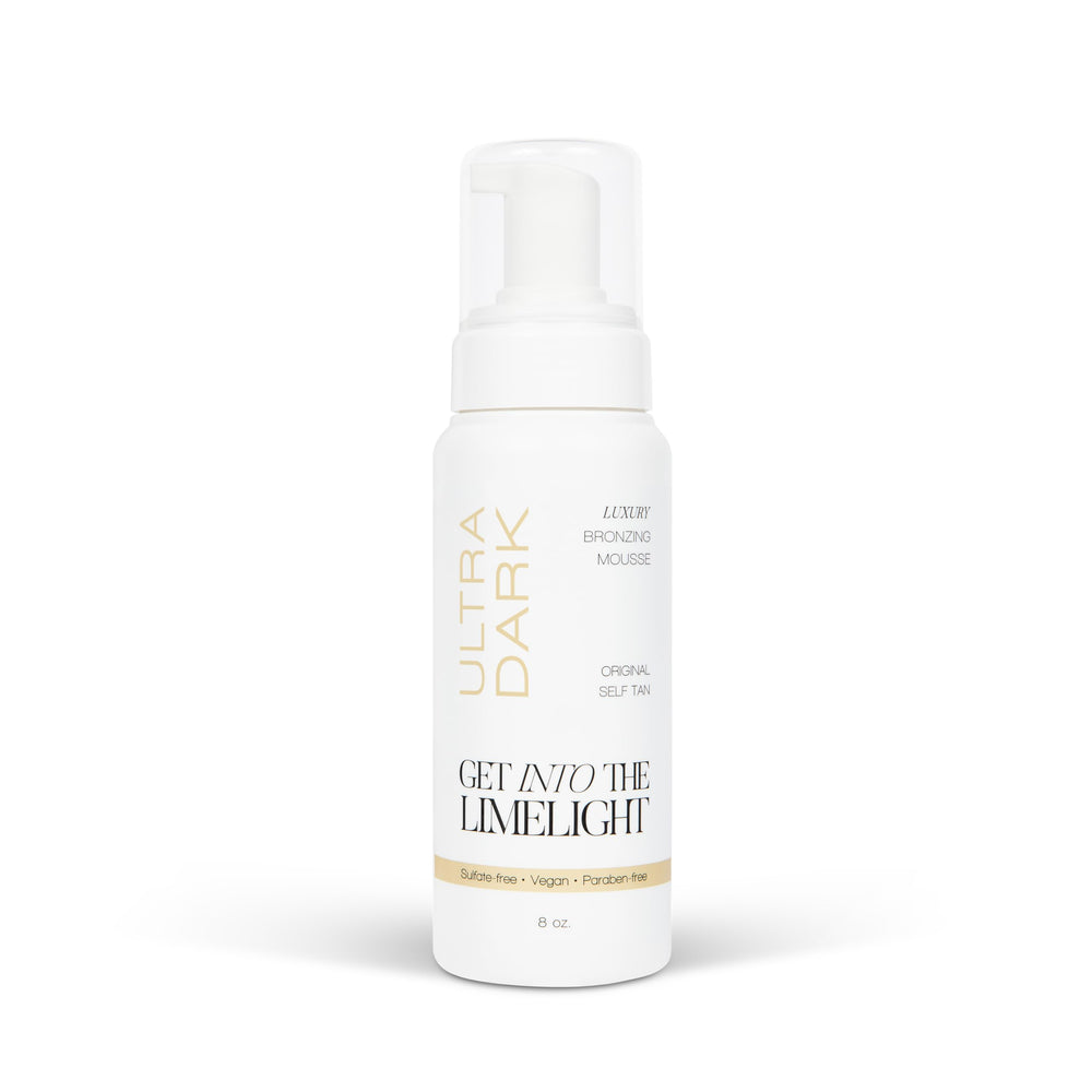 Get Into The Limelight Ultra Dark self-tanner mousse packaging highlights premium design for at-home tanning.