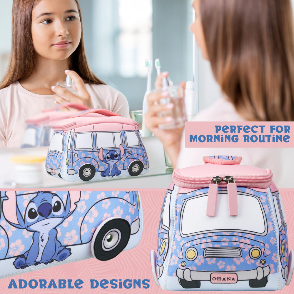 Get Trend Disney Stitch toiletry bag blue open compartments for easy makeup organization.