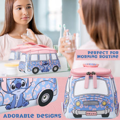 Get Trend Disney Stitch toiletry bag blue open compartments for easy makeup organization.