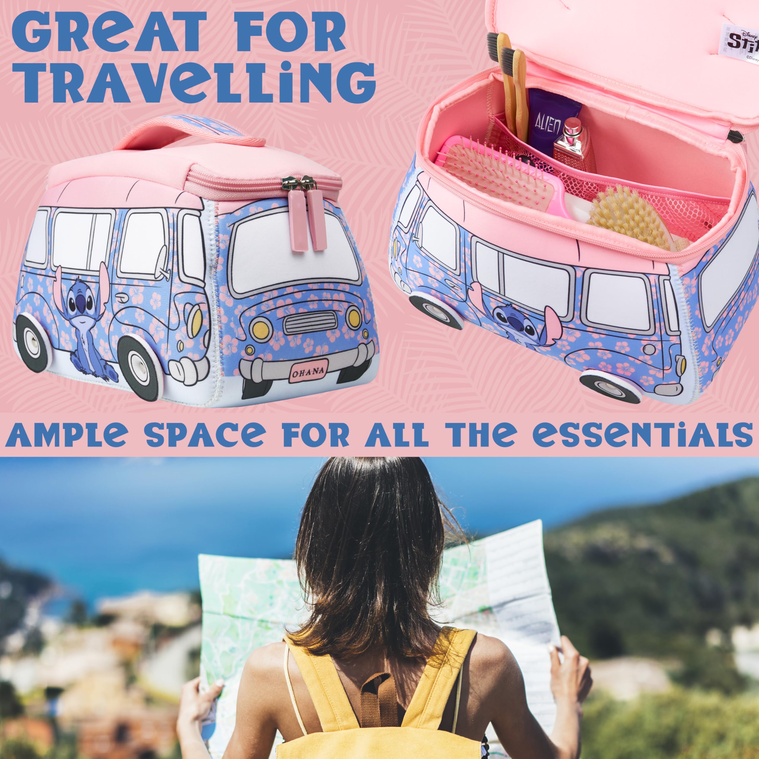 Get Trend Disney Stitch toiletry bag blue water-resistant lining protects contents.