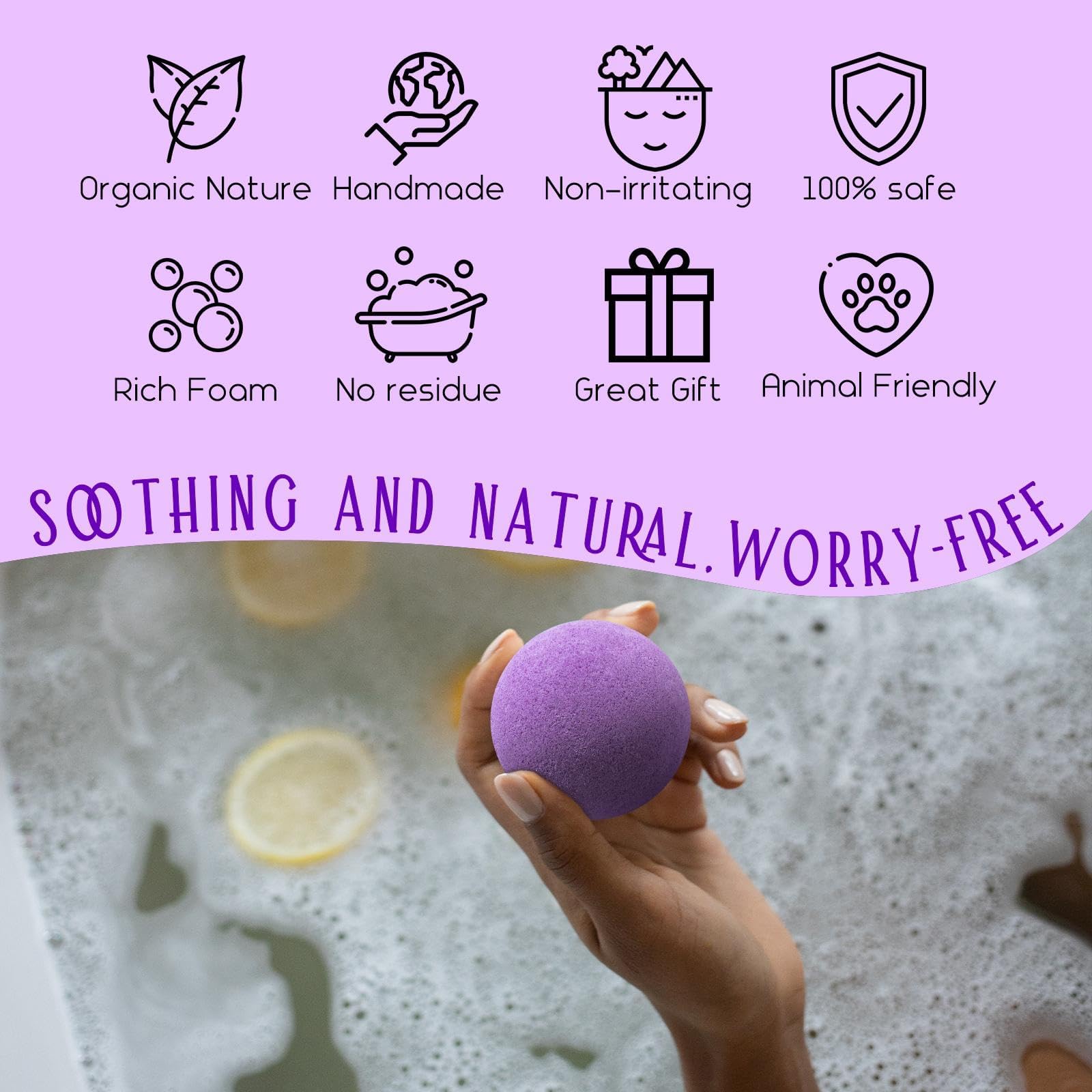 GETT Lavender Bath Bombs in tub illustrate relaxing soak with bubbles.