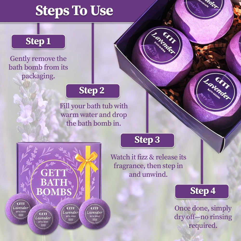 GETT Lavender Bath Bombs individually wrapped preserve freshness for gifting.