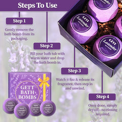 GETT Lavender Bath Bombs individually wrapped preserve freshness for gifting.