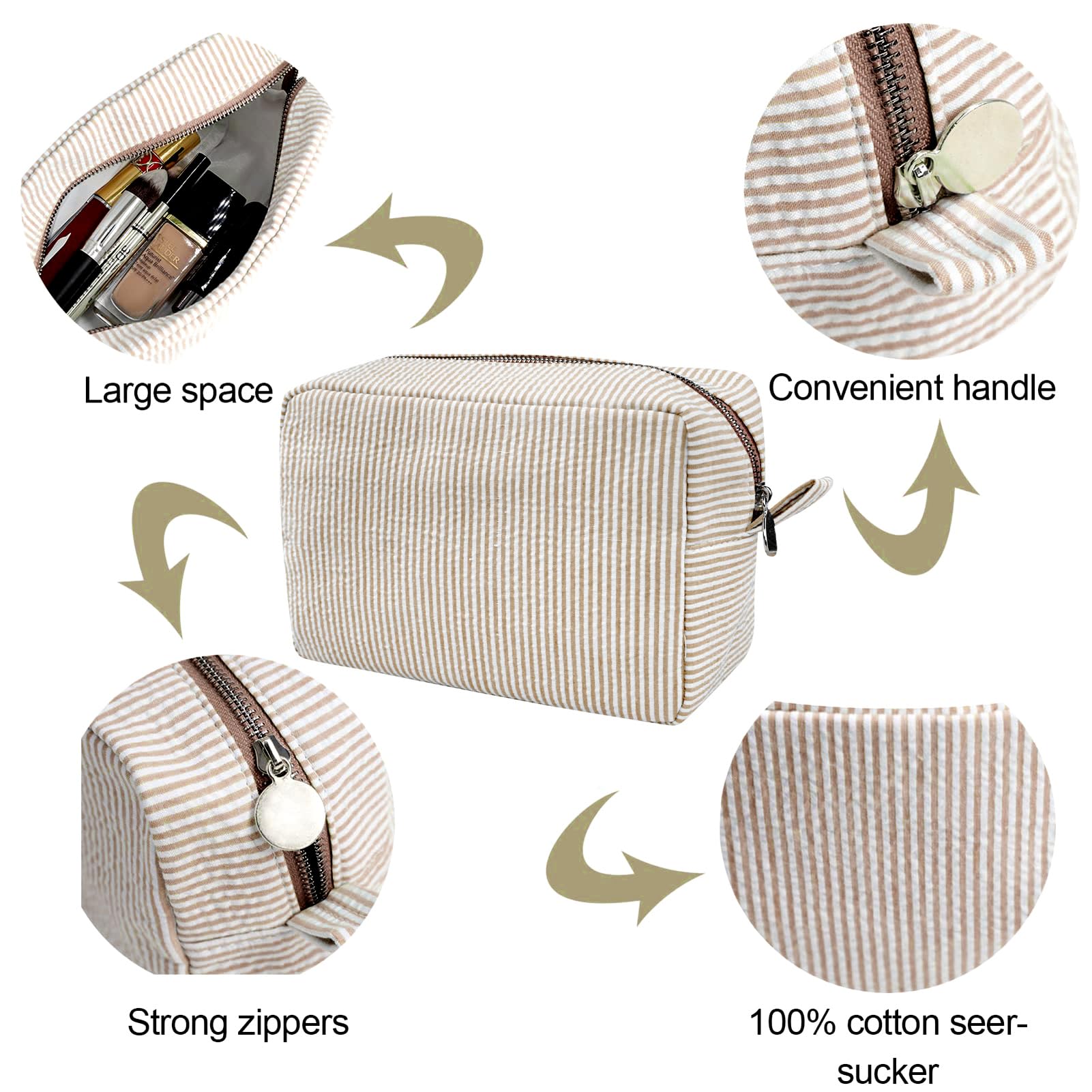 GFU cosmetic bag seersucker brown folded-travel demonstrates compact organization on trips.