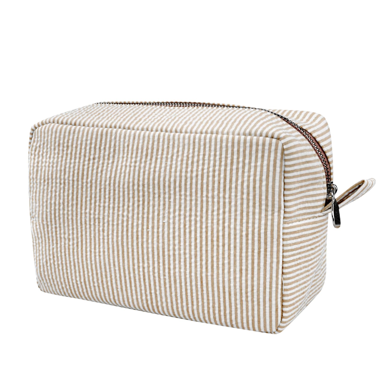GFU cosmetic bag seersucker brown front view highlights portable travel storage for cosmetics.