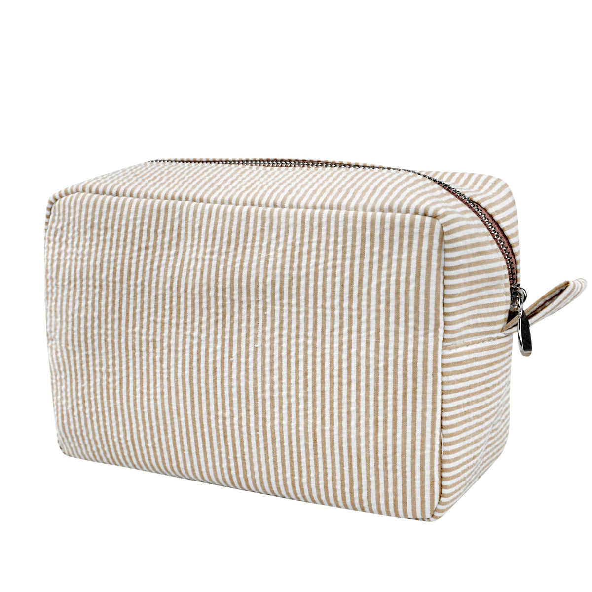 GFU cosmetic bag seersucker brown front view highlights portable travel storage for cosmetics.