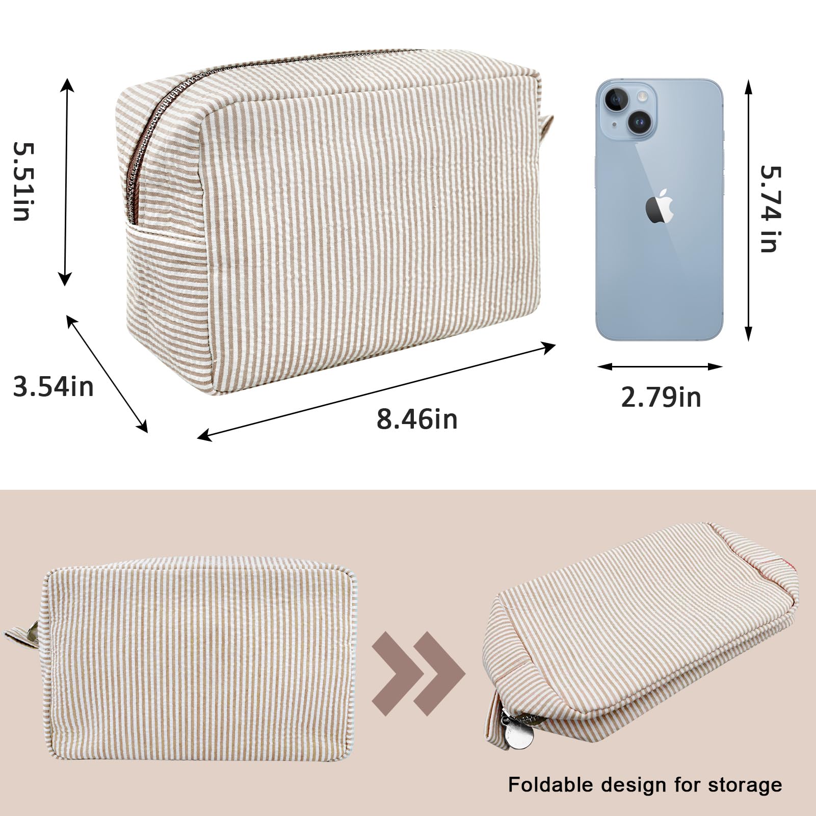 GFU cosmetic bag seersucker brown interior reveals splash-proof liner for liquids.