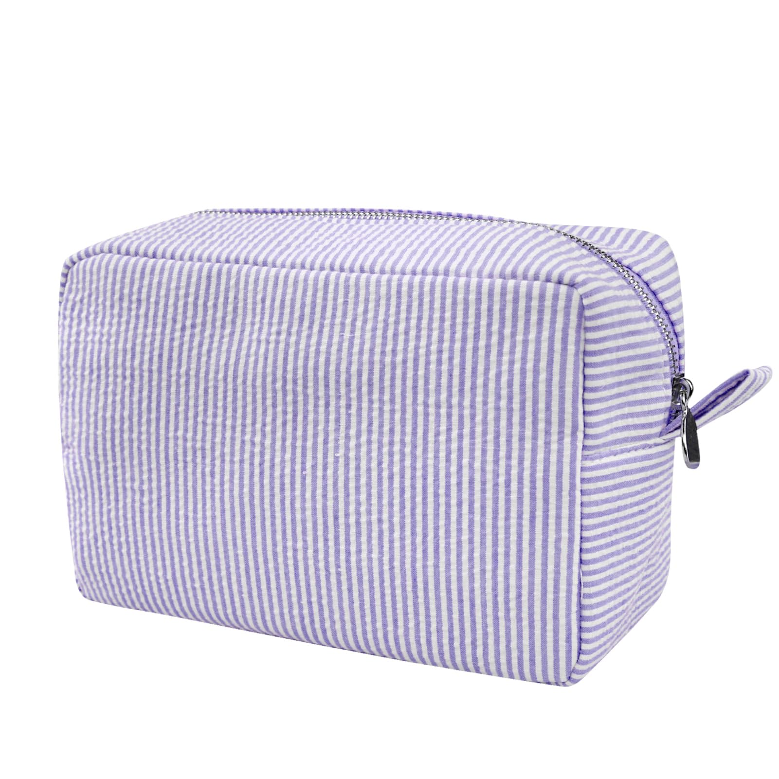 GFU cosmetic bag seersucker purple front view showing a stylish travel-ready organizer