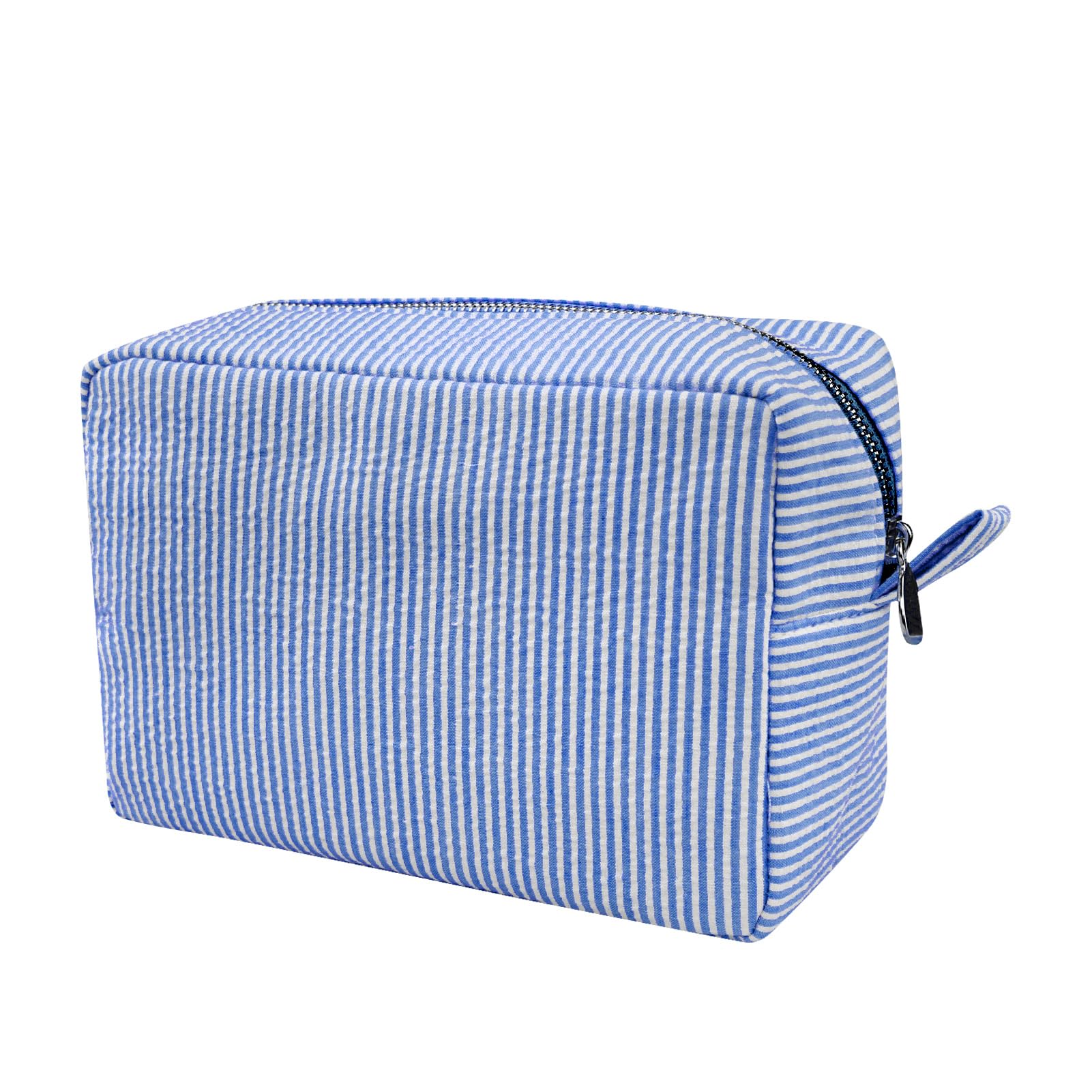 GFU makeup bag blue seersucker front view highlights lightweight travel-ready design