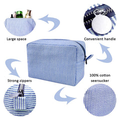 GFU makeup bag blue seersucker texture close-up shows soft-touch fabric