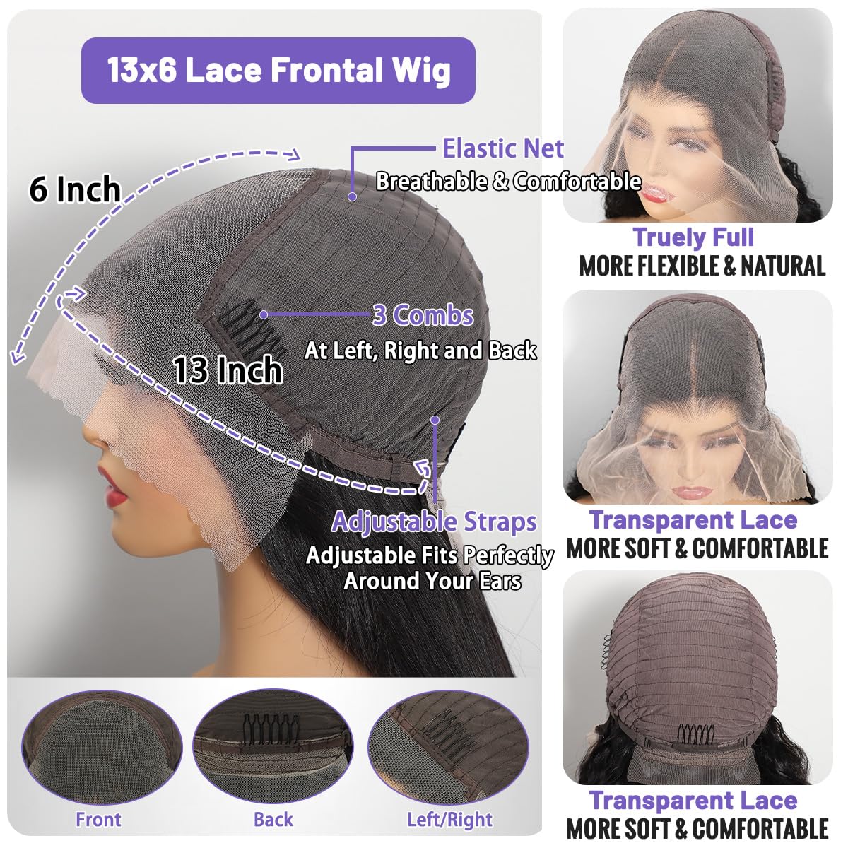 Ghios wig cap structure with adjustable straps and four combs for secure fit.