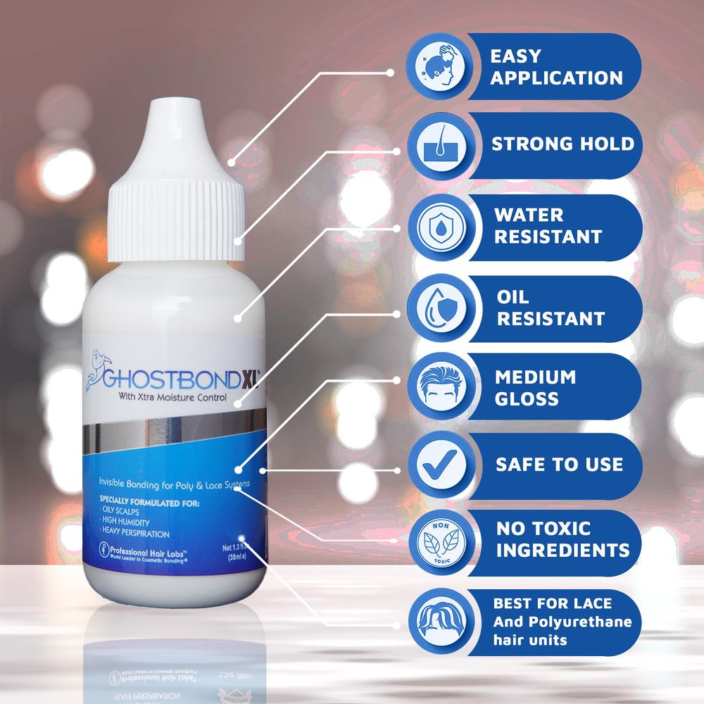 GhostBond XL on oily scalp illustrates strong hold in moisture and humidity.