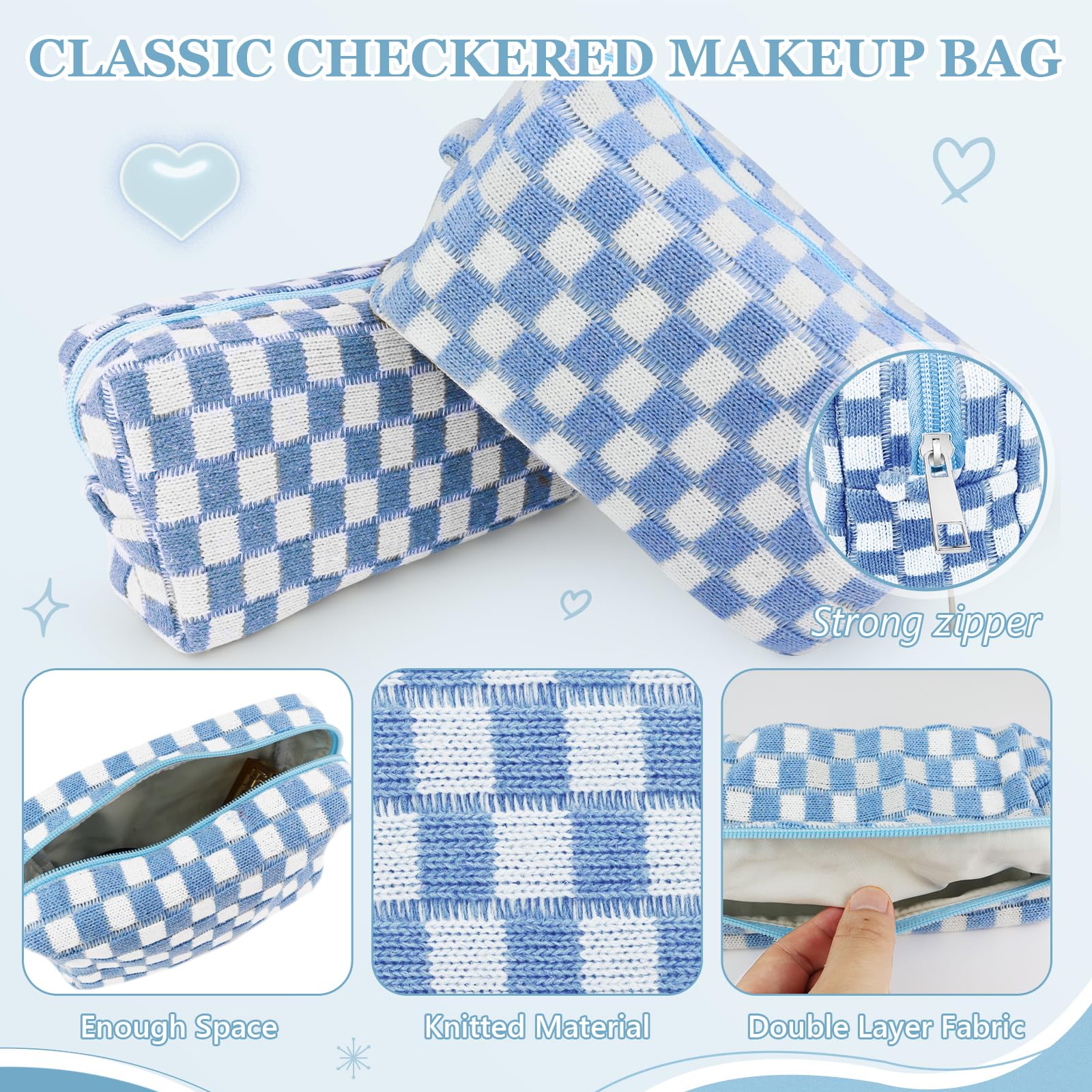 Giesiery checkered makeup bag zipper detail highlights secure closure.