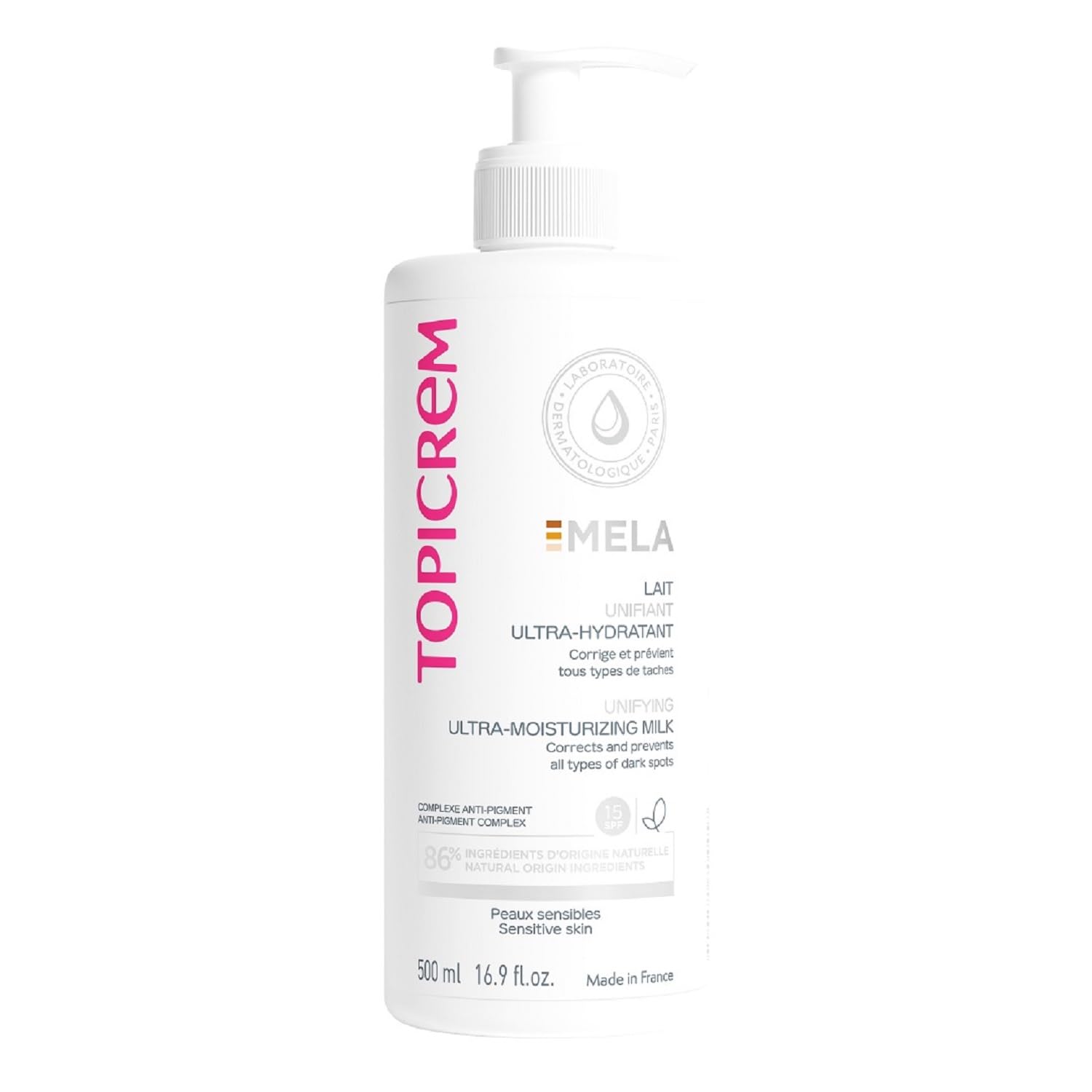 Topicrem GIGATEMP Mela ultra-hydrating milk bottle; fast absorption for lasting moisture.