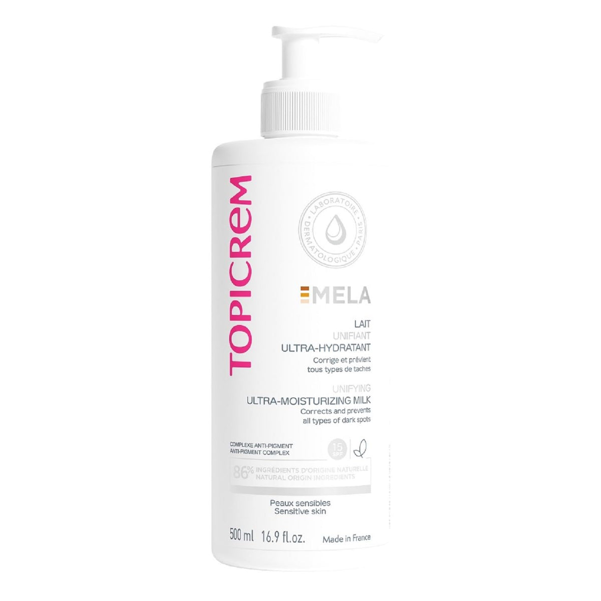 Topicrem GIGATEMP Mela ultra-hydrating milk bottle; fast absorption for lasting moisture.