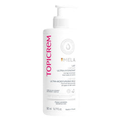 Topicrem GIGATEMP Mela ultra-hydrating milk bottle; fast absorption for lasting moisture.