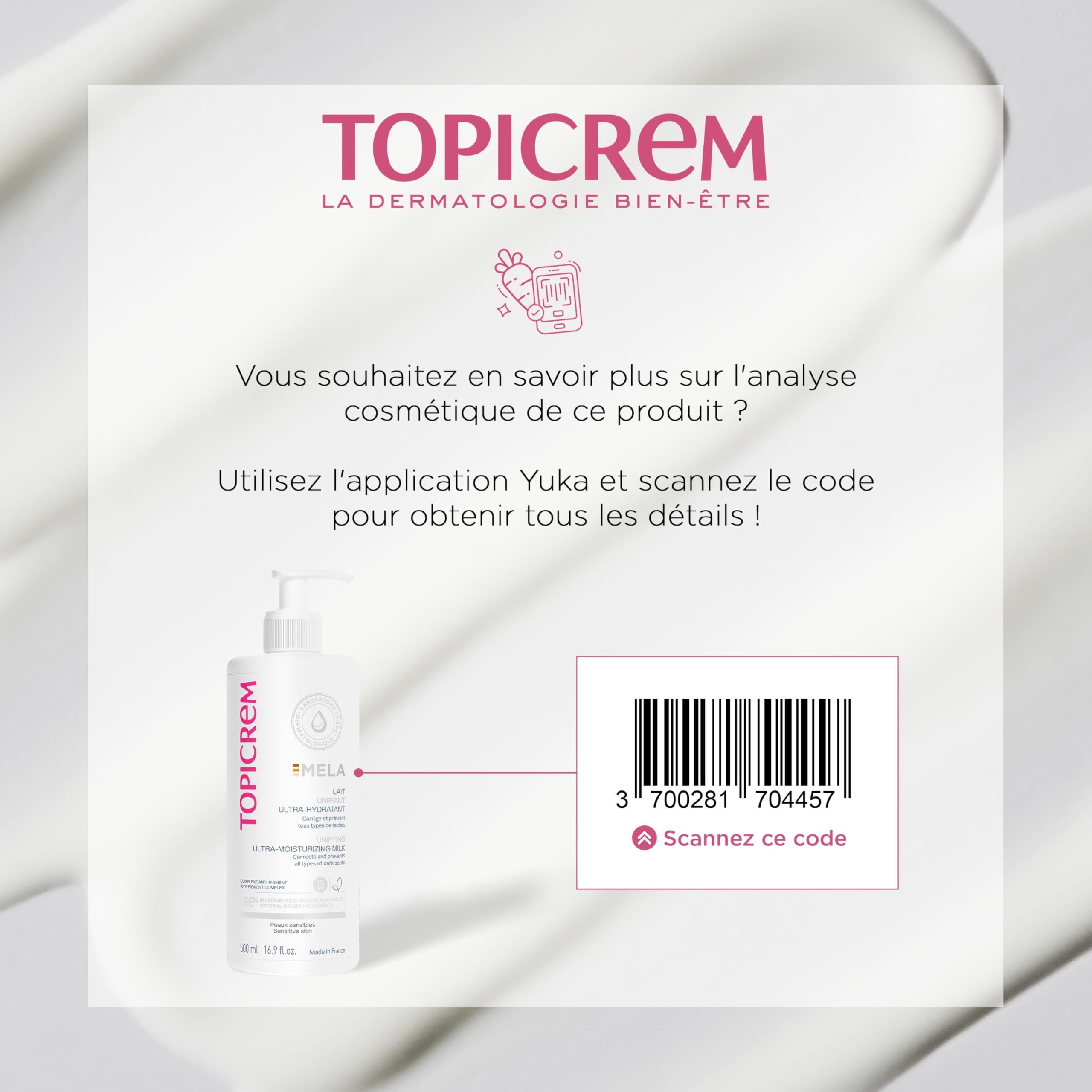Topicrem GIGATEMP Mela unifying milk texture application; promotes even skin tone with daily massage.