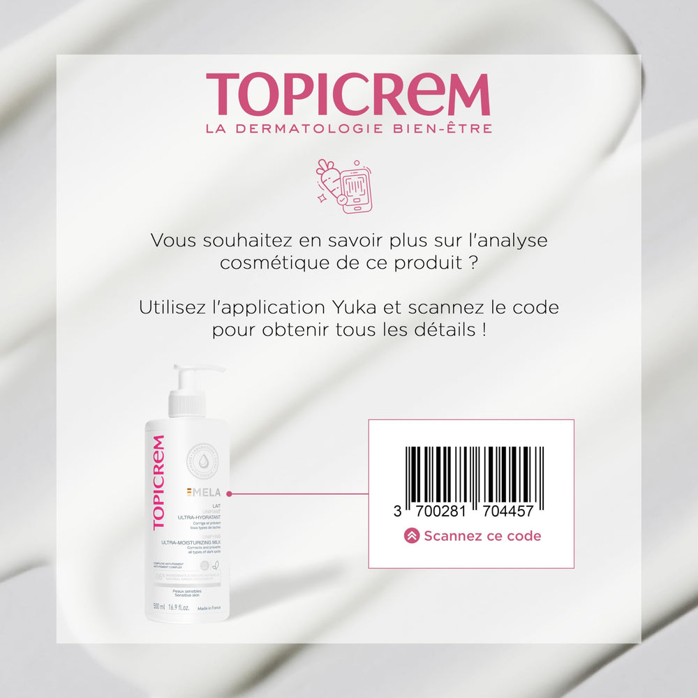 Topicrem GIGATEMP Mela unifying milk texture application; promotes even skin tone with daily massage.