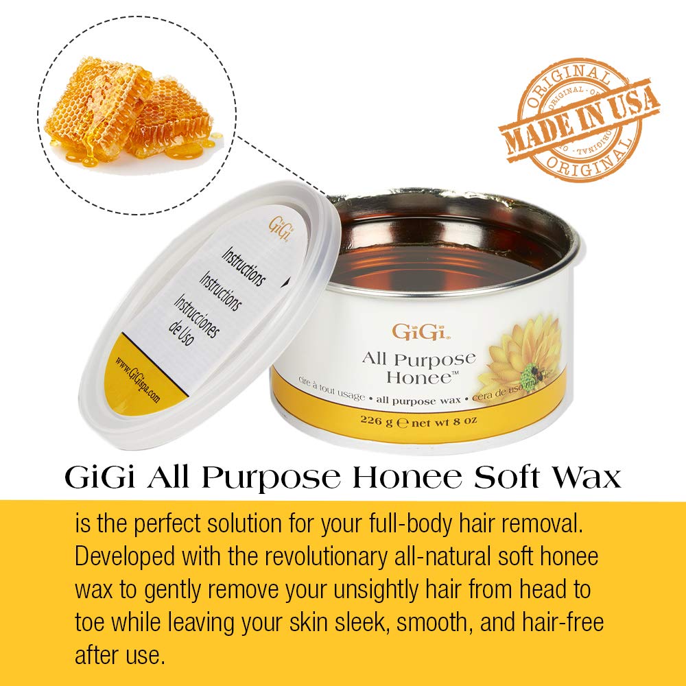 GiGi All Purpose Honee Wax with strips; clean removal with minimal residue.