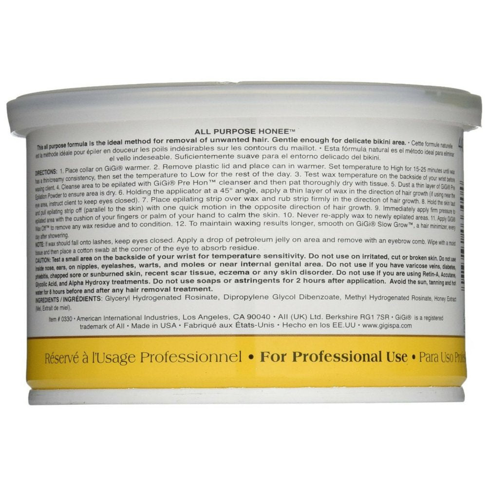 GIGI All-Purpose Honee Wax 14oz pack focusing on delicate-area use for gentle waxing.