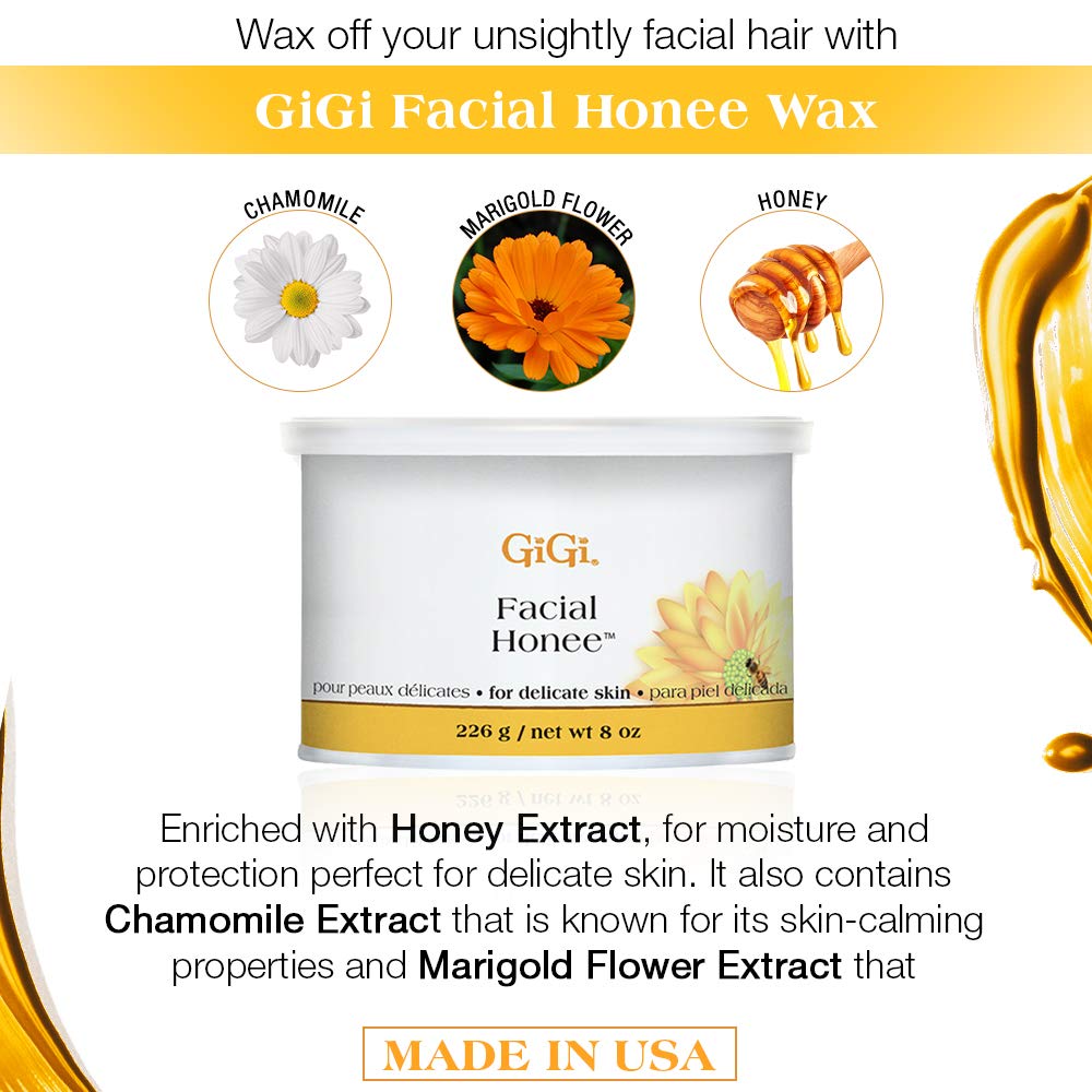 GiGi Facial Honee Wax packaging shows USA-made formula