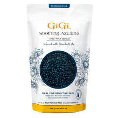 GIGI hard wax beads packaging highlights azulene formula for gentle home waxing.