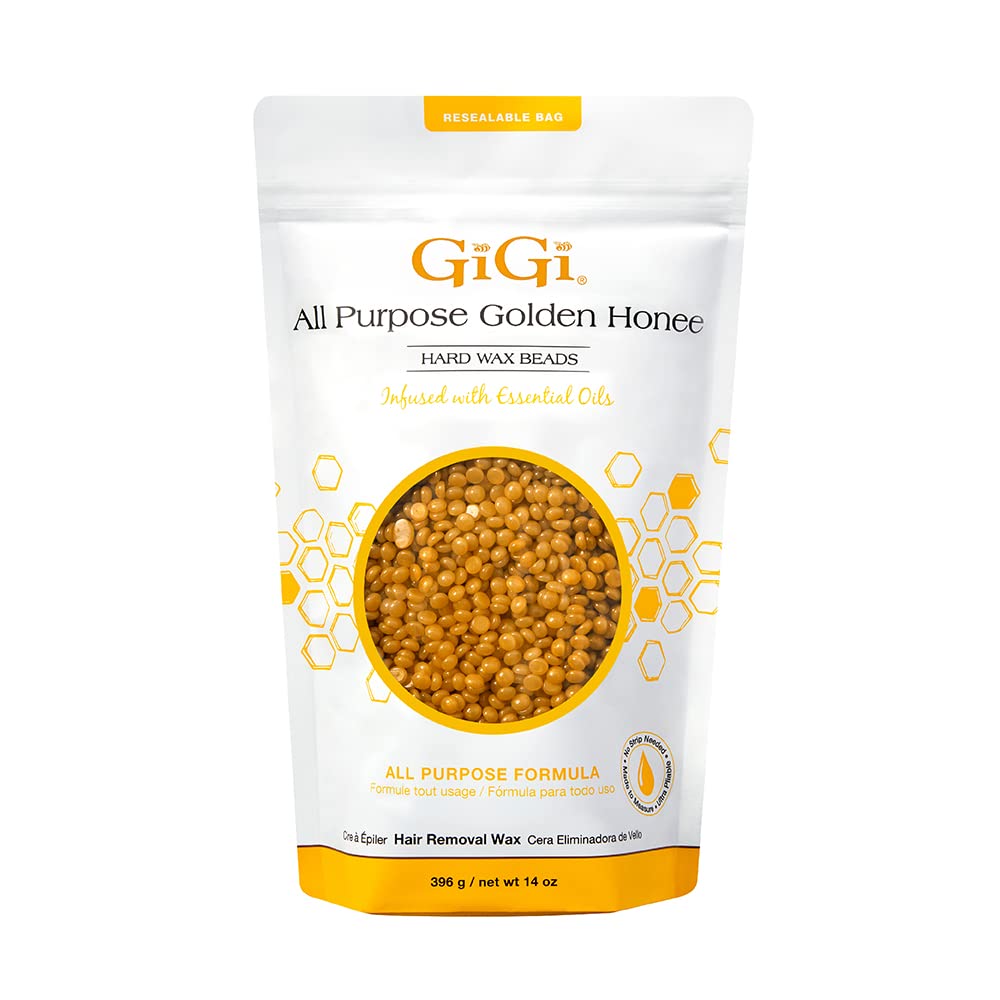 GIGI hard wax beads Golden Honee package shows resealable storage for on-the-go waxing.