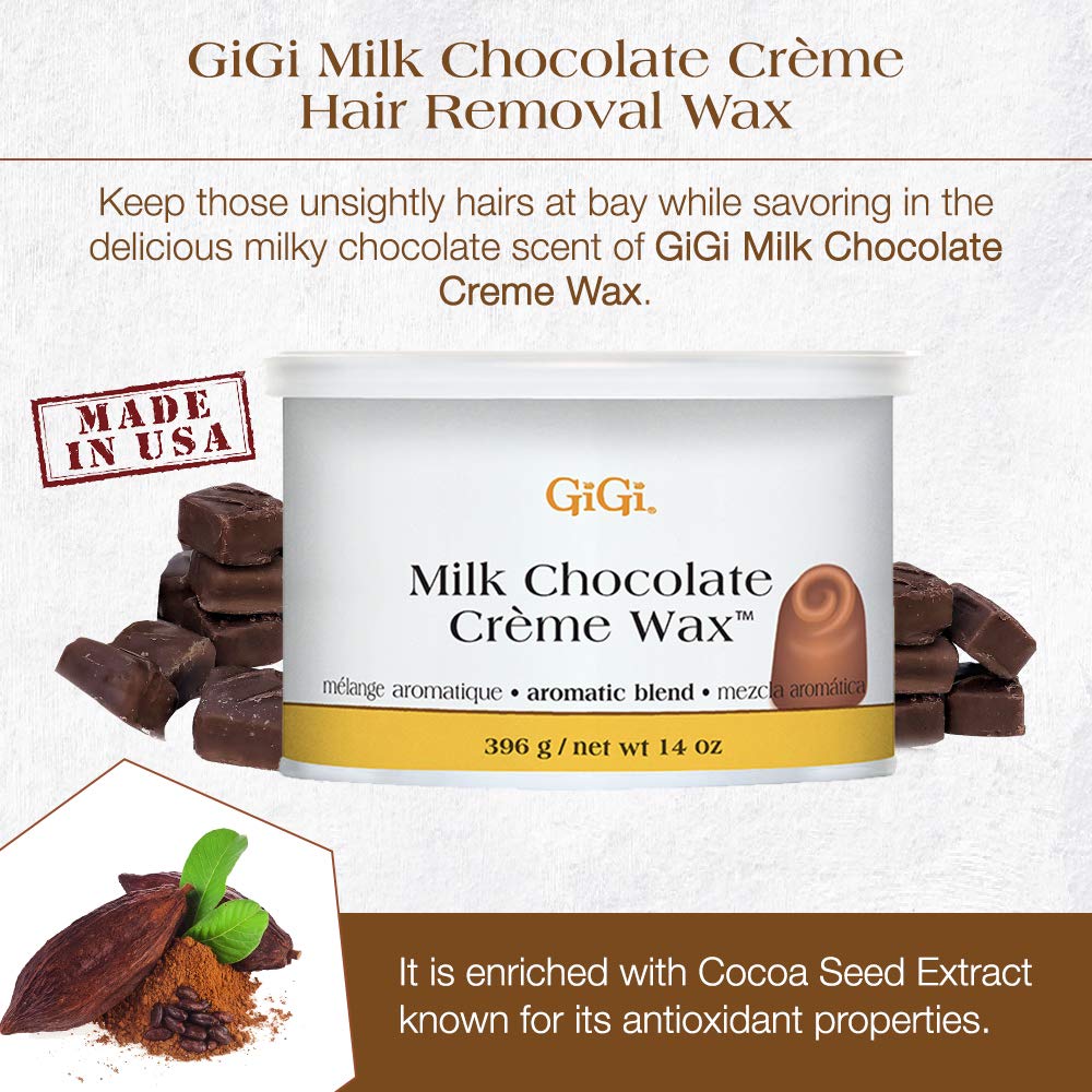 GIGI Milk Chocolate Creme Wax texture closeup shows creamy consistency ideal for coarse hair.