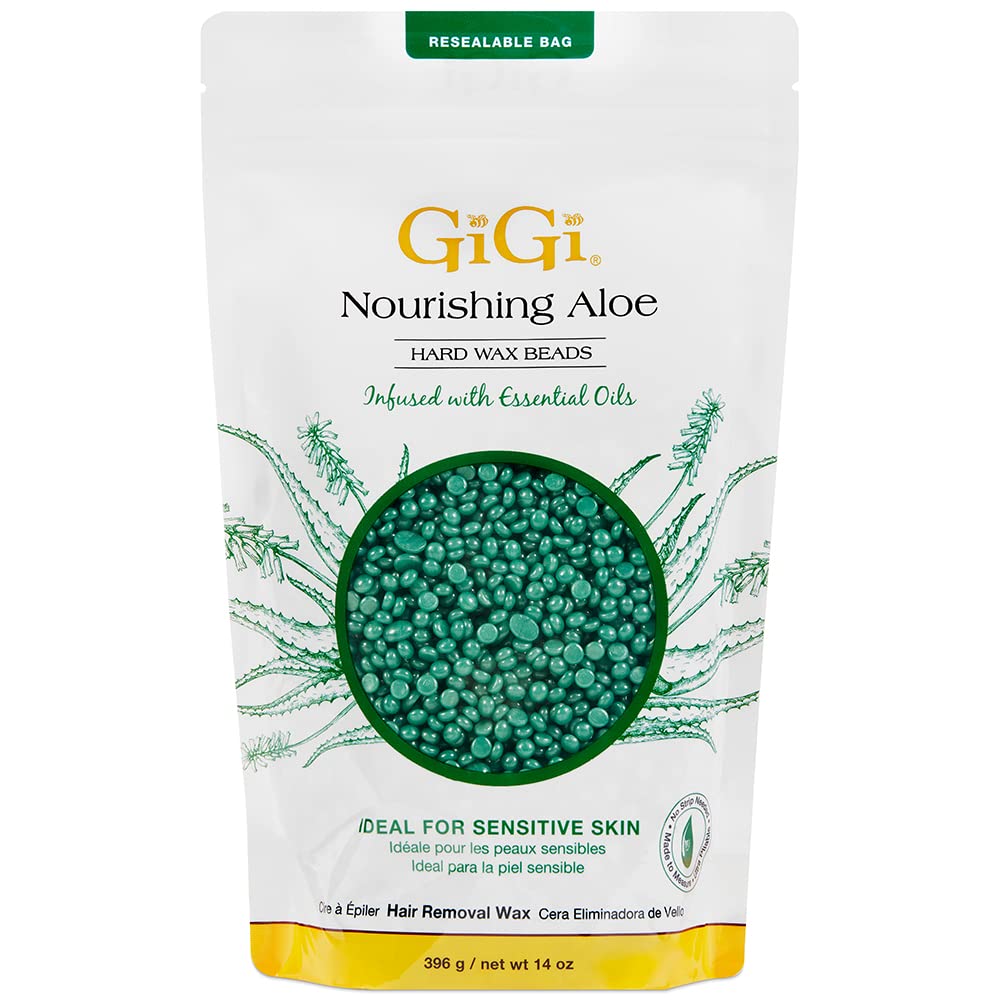 GIGI Nourishing Aloe hard wax beads pour into warmer for precise, skin-friendly at-home waxing.
