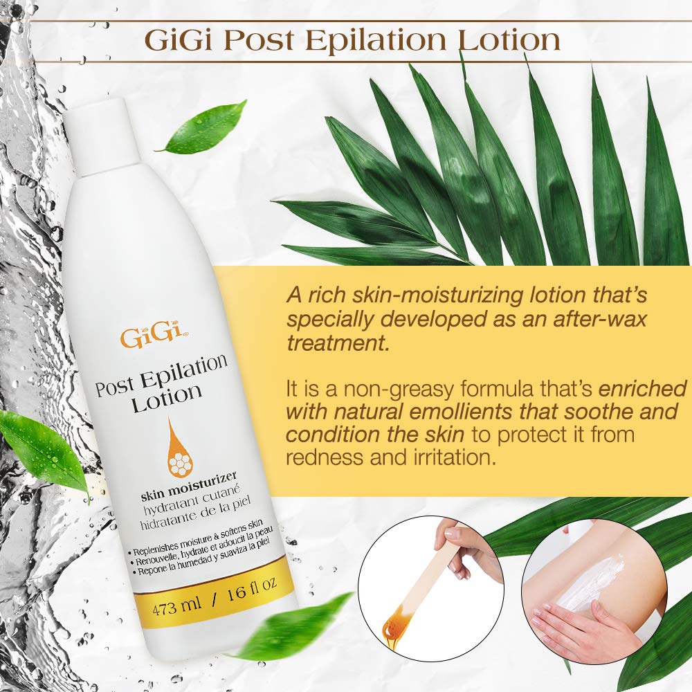 GIGI Post Waxing Lotion allantoin-vitamin-e-wheat-germ offers antioxidant protection and soothing relief.