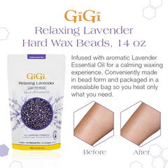 GIGI Relaxing Lavender beads applied to the face for gentle waxing.