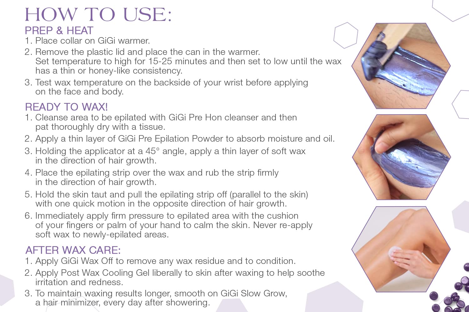 GIGI Relaxing Lavender beads support comfortable, multi-area waxing sessions.