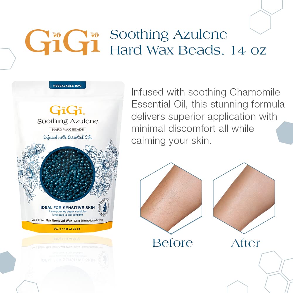 GIGI Soothing Azulene wax beads used on the face for gentle, precise waxing
