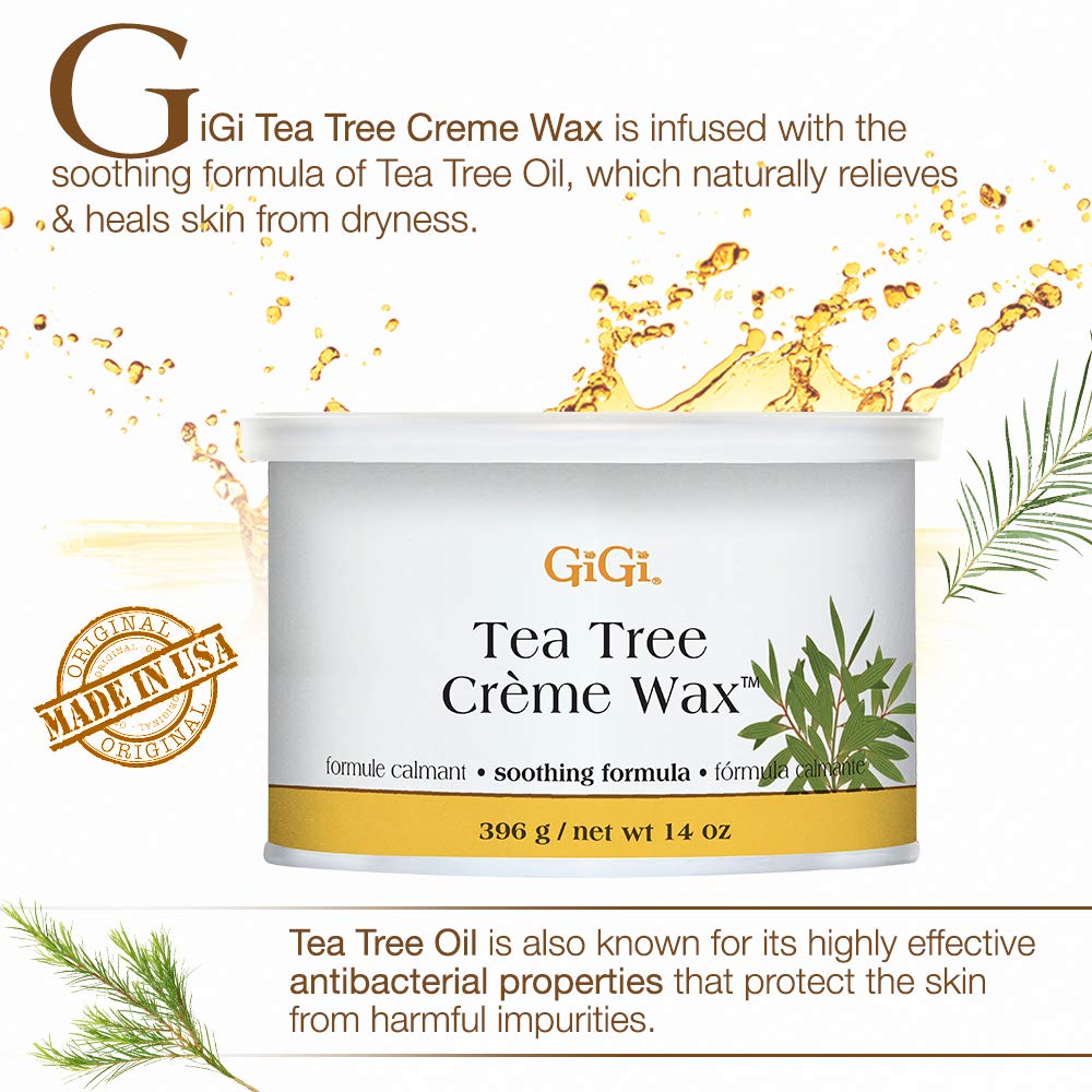 Gigi Tea Tree Oil infusion closeup highlighting calming wax experience