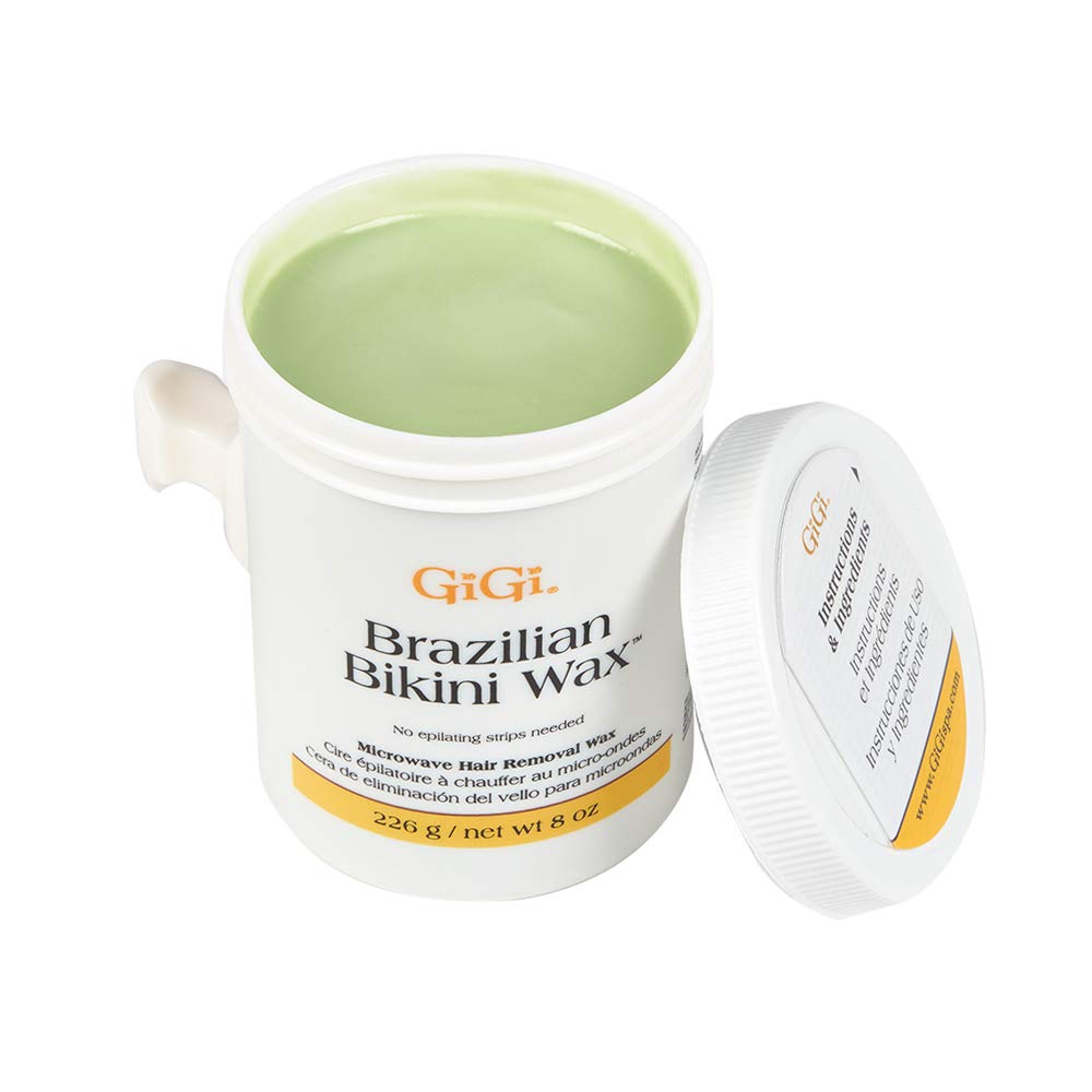 GIGI Brazilian Bikini Wax Microwave Formula 8oz-bottle represents a convenient home-wax option.