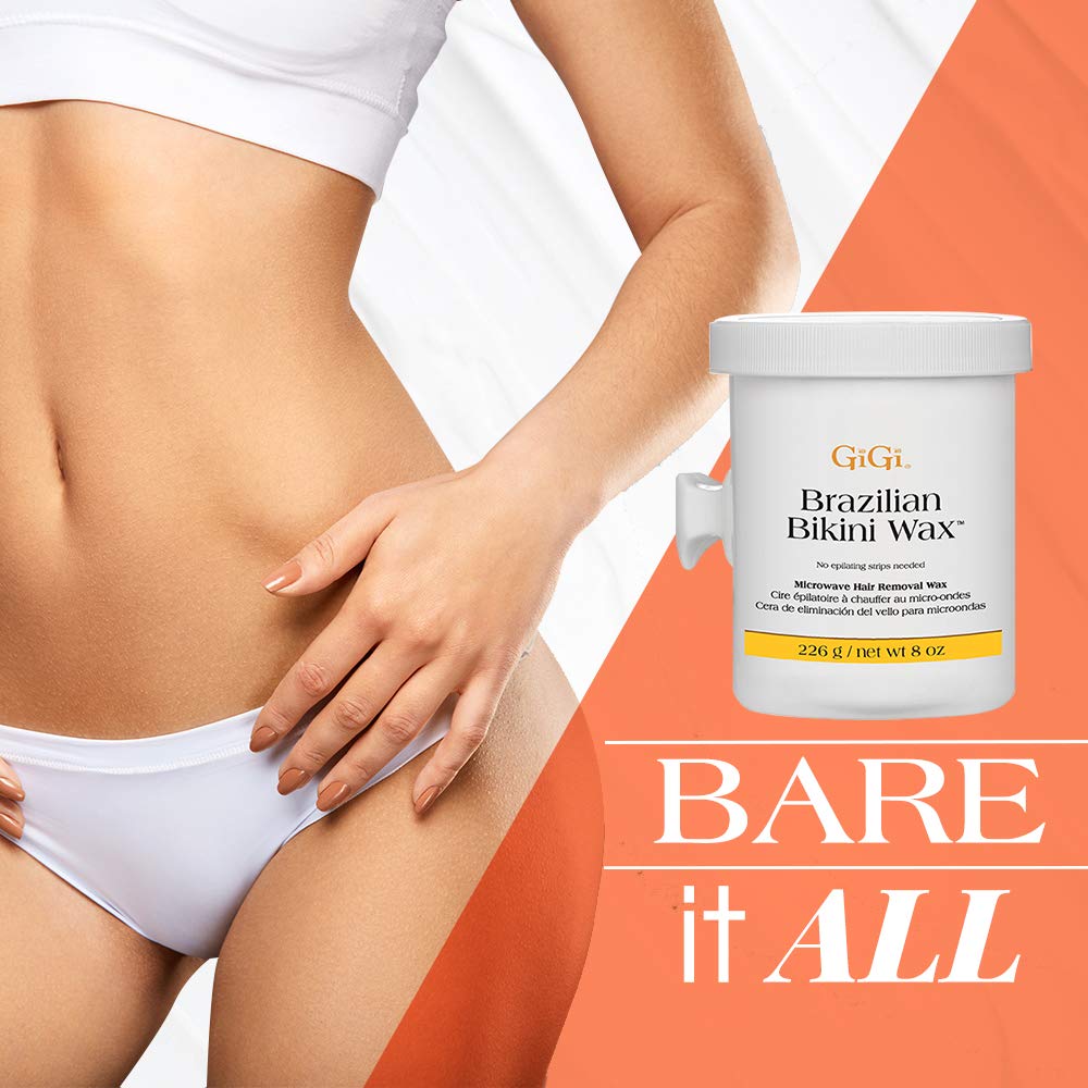 GIGI Brazilian Bikini Wax Microwave Formula delicate-area close-up highlights removal near sensitive skin.