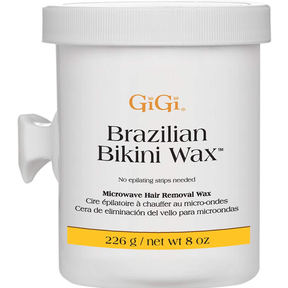 GIGI Brazilian Bikini Wax Microwave Formula pack-shot shows salon-grade wax for convenient at-home waxing.