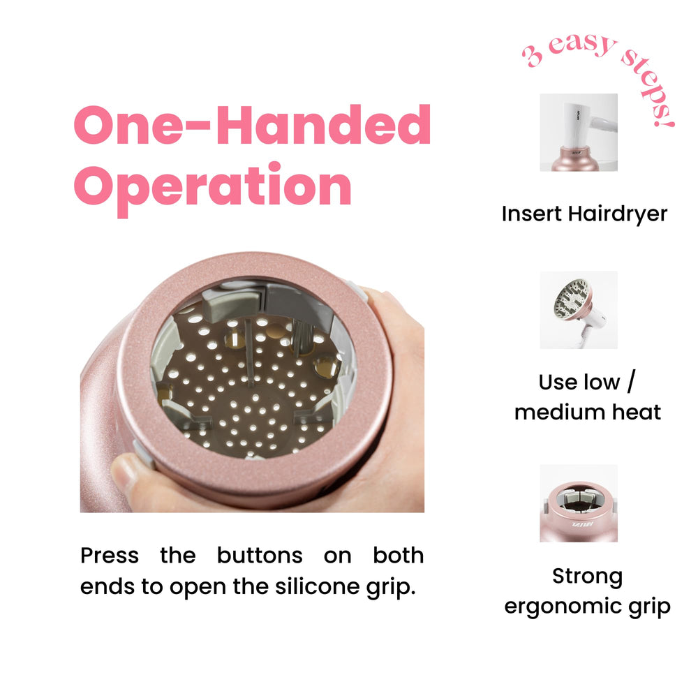 Gihali diffuser rose gold in-use with curly hair delivers frizz control.