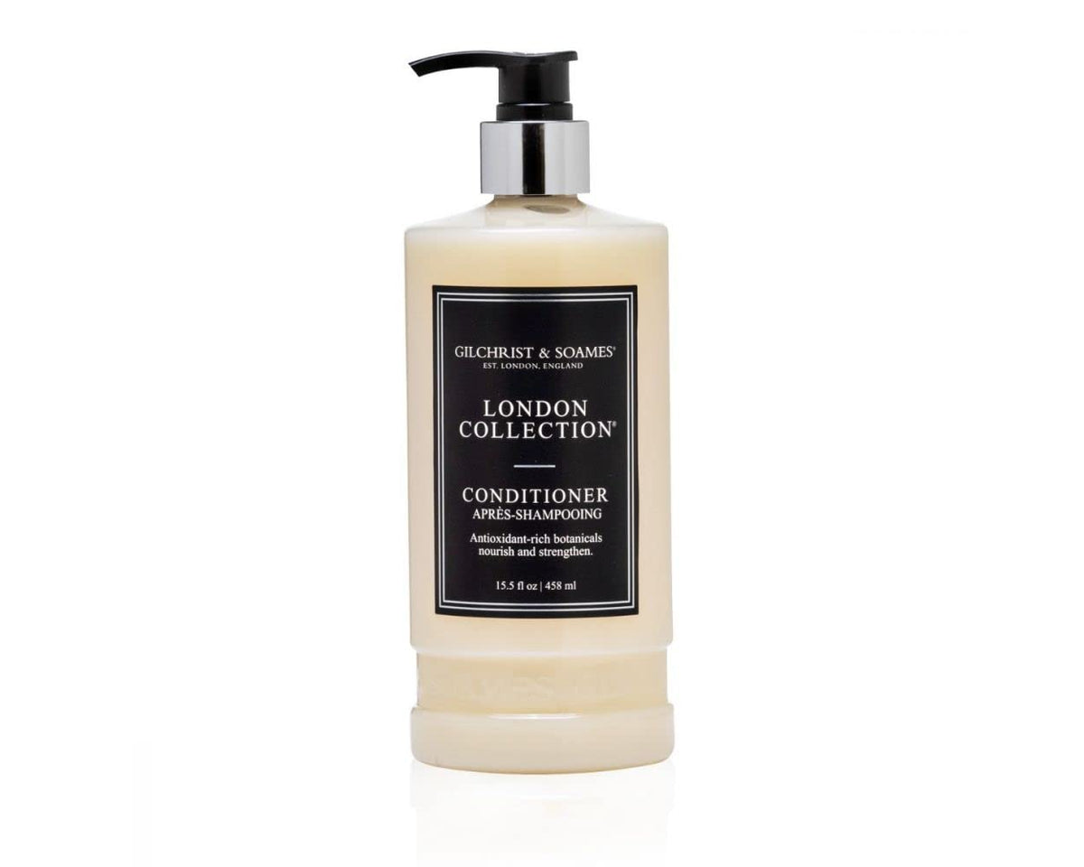 Gilchrist & Soames London Collection Conditioner bottle closeup highlighting rich hydration for all hair types.